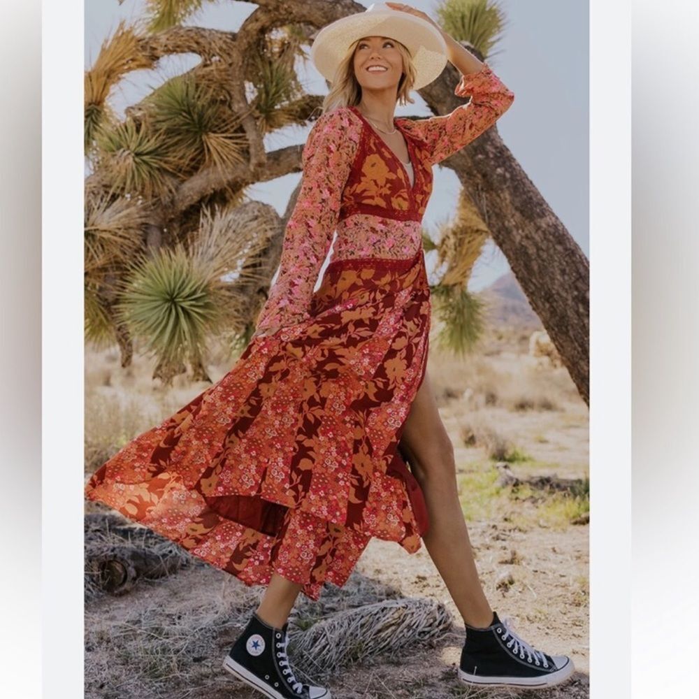 FREE PEOPLE Tilda Wrap Maxi Dress Patchwork Floral Lace Pink Red Boho XS Small